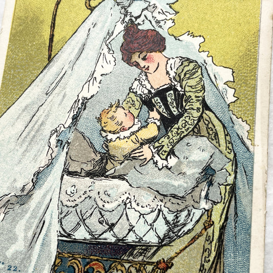 1900s - Vintage French Advertising Chromo Card - Charming Mother and Baby Cradle Scene Illustration - Historic Collectible Ephemera Piece