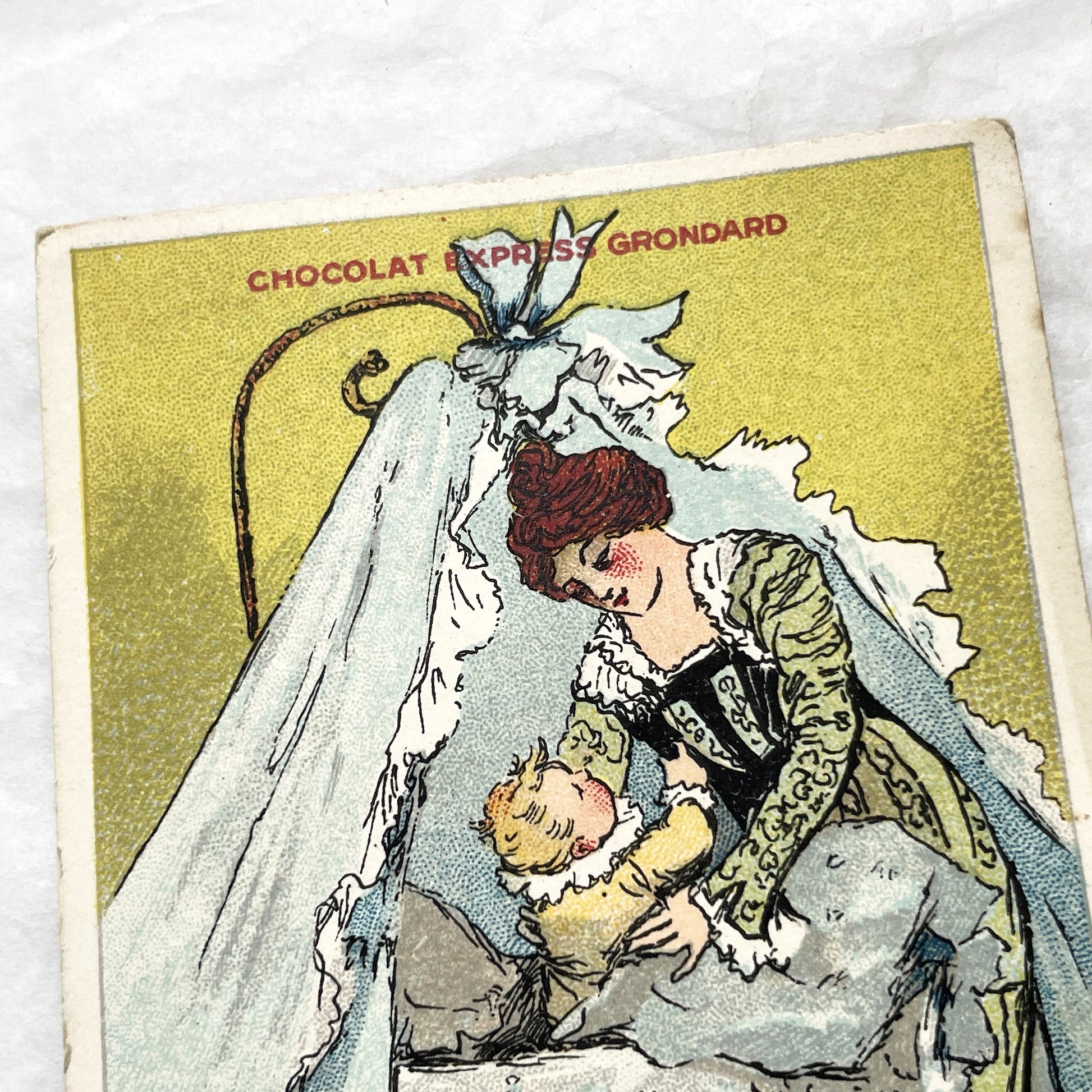 1900s - Vintage French Advertising Chromo Card - Charming Mother and Baby Cradle Scene Illustration - Historic Collectible Ephemera Piece