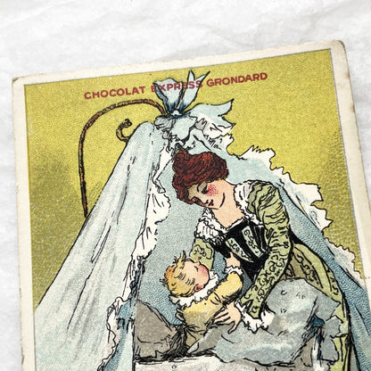 1900s - Vintage French Advertising Chromo Card - Charming Mother and Baby Cradle Scene Illustration - Historic Collectible Ephemera Piece