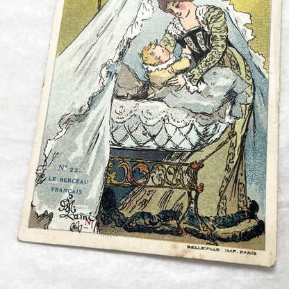 1900s - Vintage French Advertising Chromo Card - Charming Mother and Baby Cradle Scene Illustration - Historic Collectible Ephemera Piece