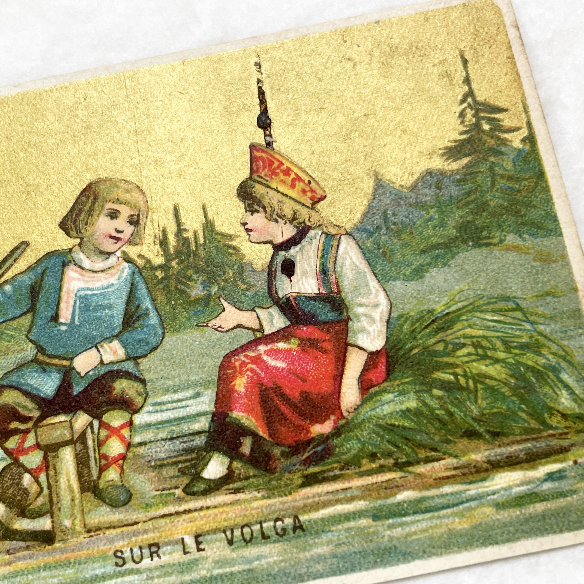 Late 19th - 2 Antique French Chromo Trade Cards - World Scenes - Voyage Themes - Rousseau Clothing Advertisement - Collectible Ephemera Set