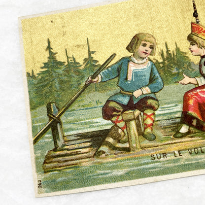 Late 19th - 2 Antique French Chromo Trade Cards - World Scenes - Voyage Themes - Rousseau Clothing Advertisement - Collectible Ephemera Set