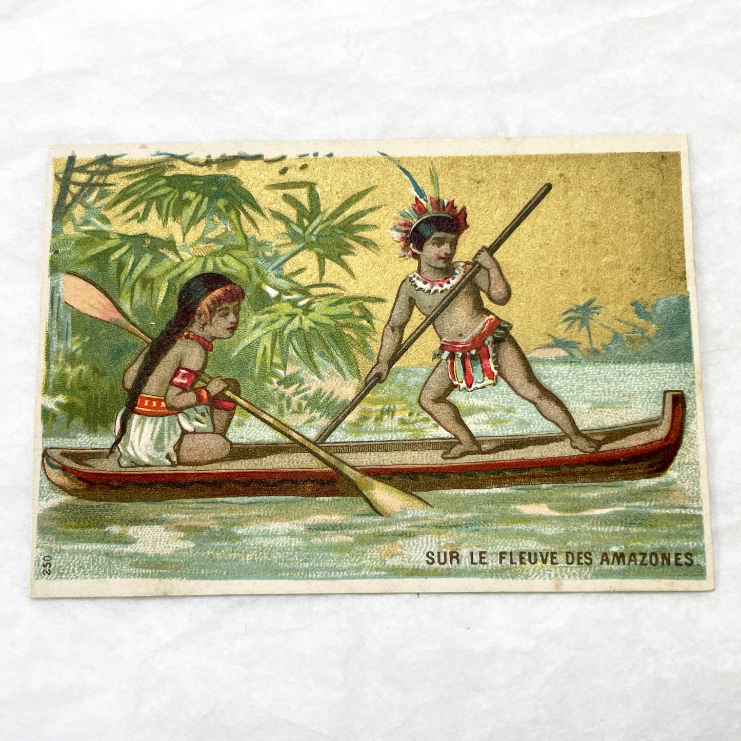 Late 19th - 2 Antique French Chromo Trade Cards - World Scenes - Voyage Themes - Rousseau Clothing Advertisement - Collectible Ephemera Set