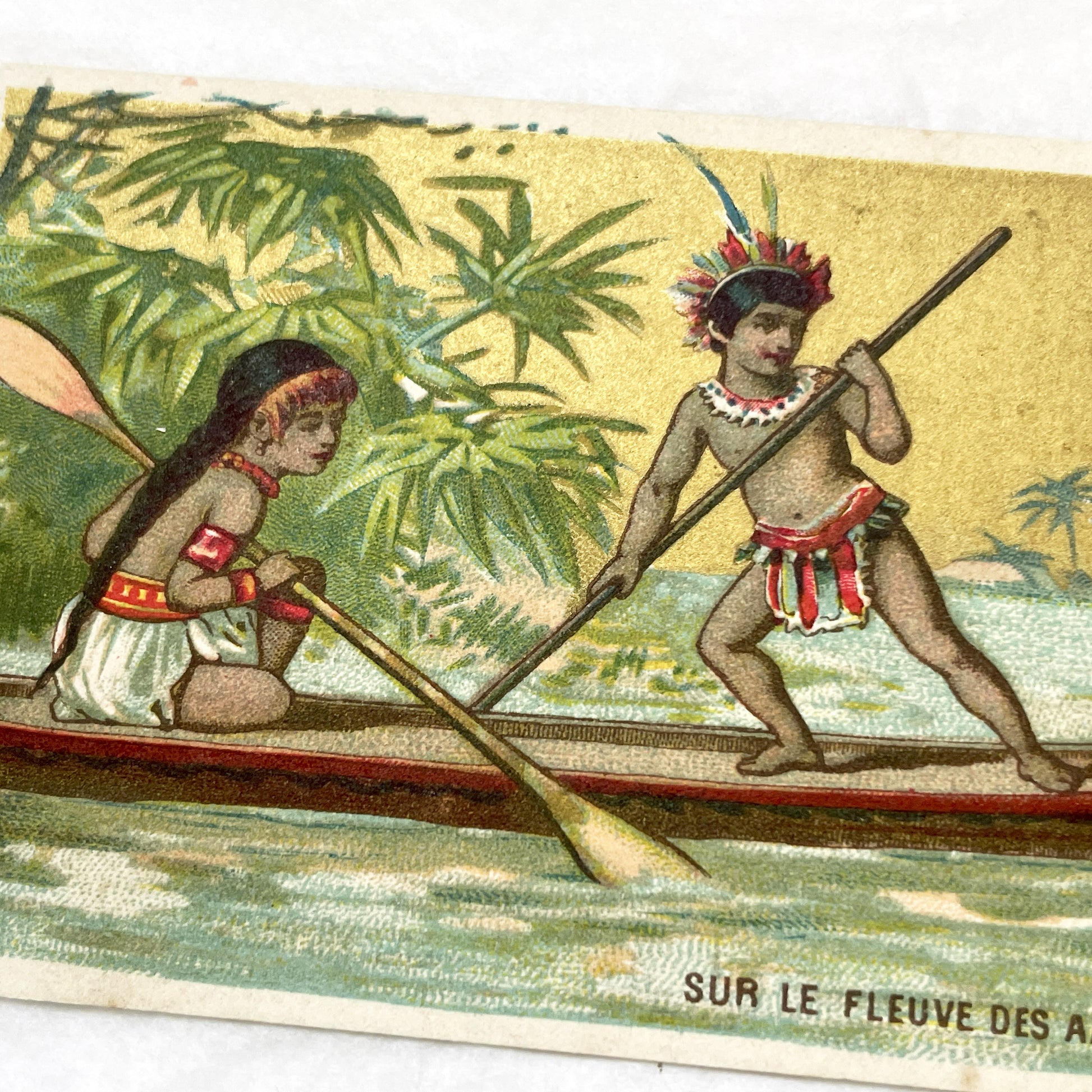 Late 19th - 2 Antique French Chromo Trade Cards - World Scenes - Voyage Themes - Rousseau Clothing Advertisement - Collectible Ephemera Set