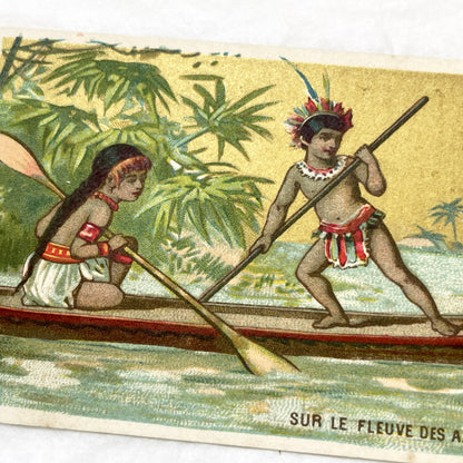 Late 19th - 2 Antique French Chromo Trade Cards - World Scenes - Voyage Themes - Rousseau Clothing Advertisement - Collectible Ephemera Set