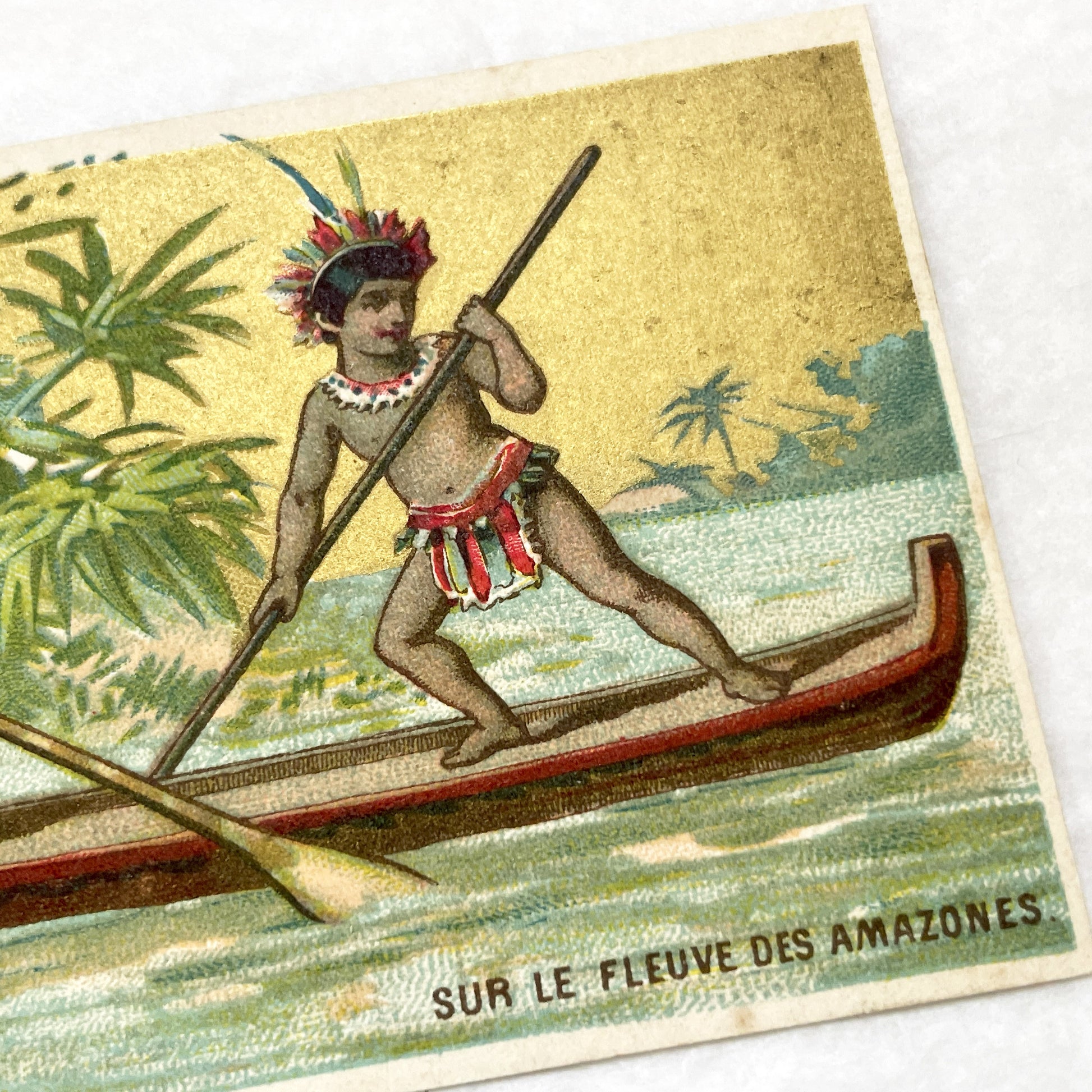 Late 19th - 2 Antique French Chromo Trade Cards - World Scenes - Voyage Themes - Rousseau Clothing Advertisement - Collectible Ephemera Set