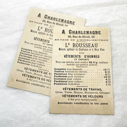Late 19th - 2 Antique French Chromo Trade Cards - World Scenes - Voyage Themes - Rousseau Clothing Advertisement - Collectible Ephemera Set