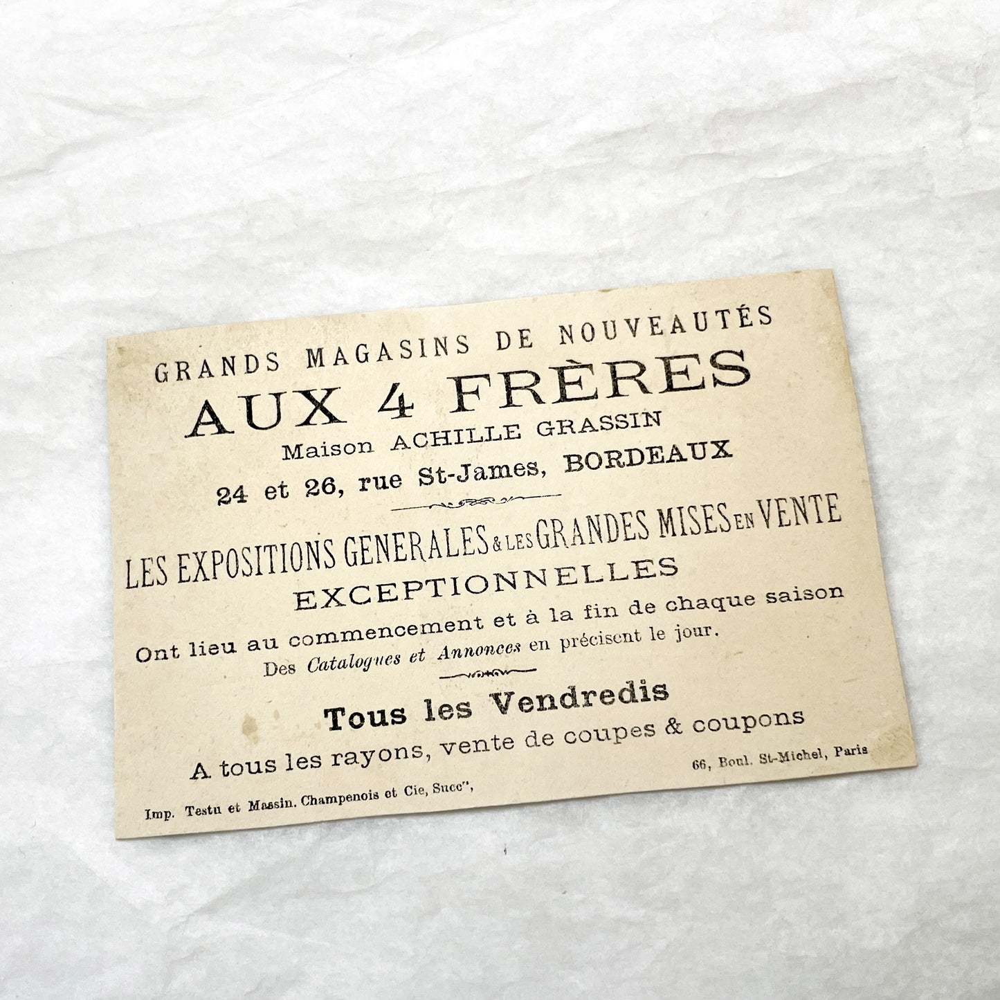 Late 19th - French Advertising Trade Cards - Aux 4 Frères Achille Grassin Bordeaux Department Store Ephemera - Vintage Collectible