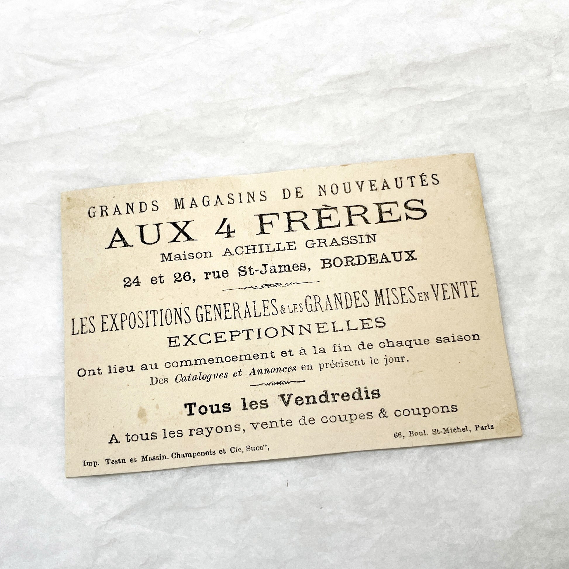 Late 19th - French Advertising Trade Cards - Aux 4 Frères Achille Grassin Bordeaux Department Store Ephemera - Vintage Collectible