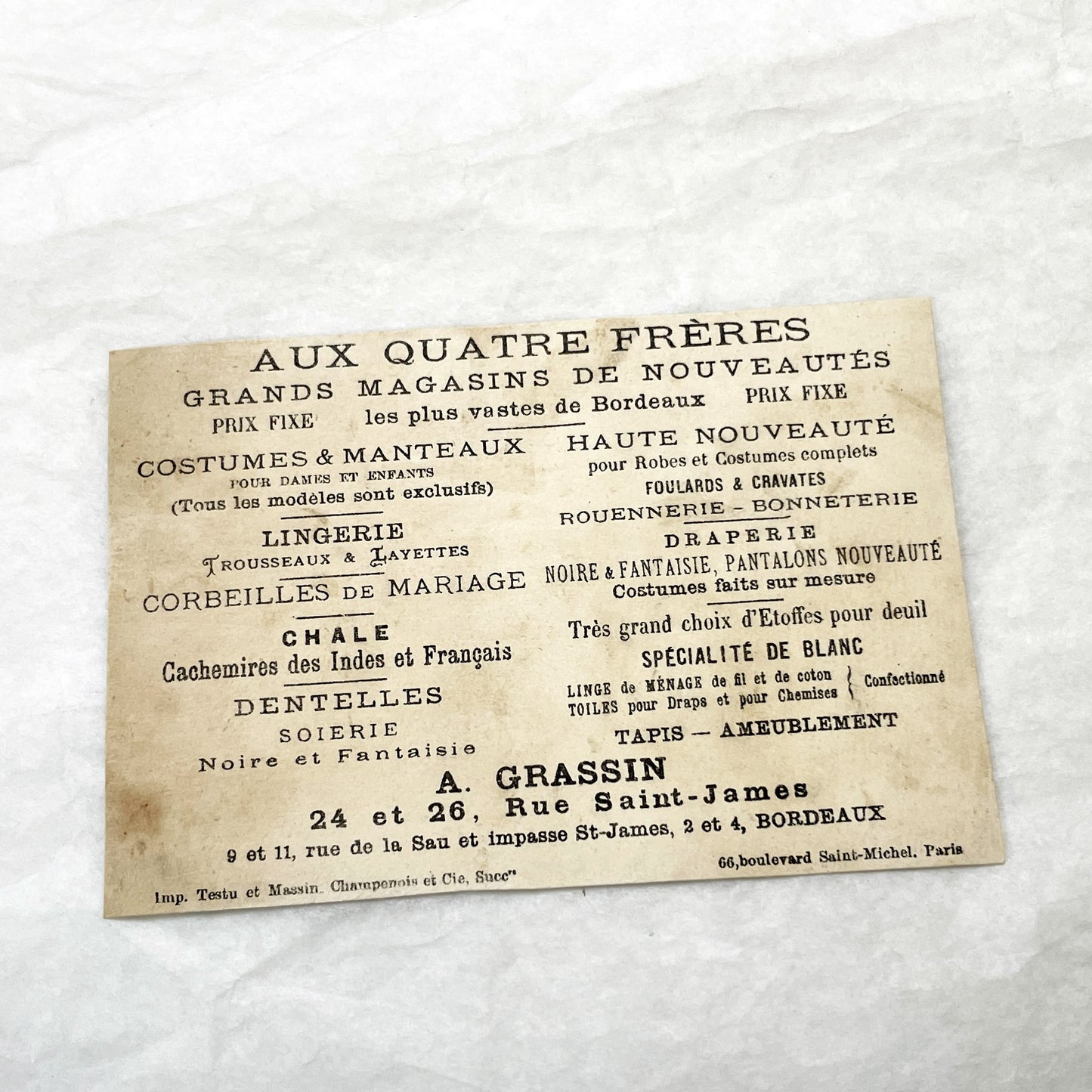 Late 19th - French Advertising Trade Cards - Aux 4 Frères Achille Grassin Bordeaux Department Store Ephemera - Vintage Collectible