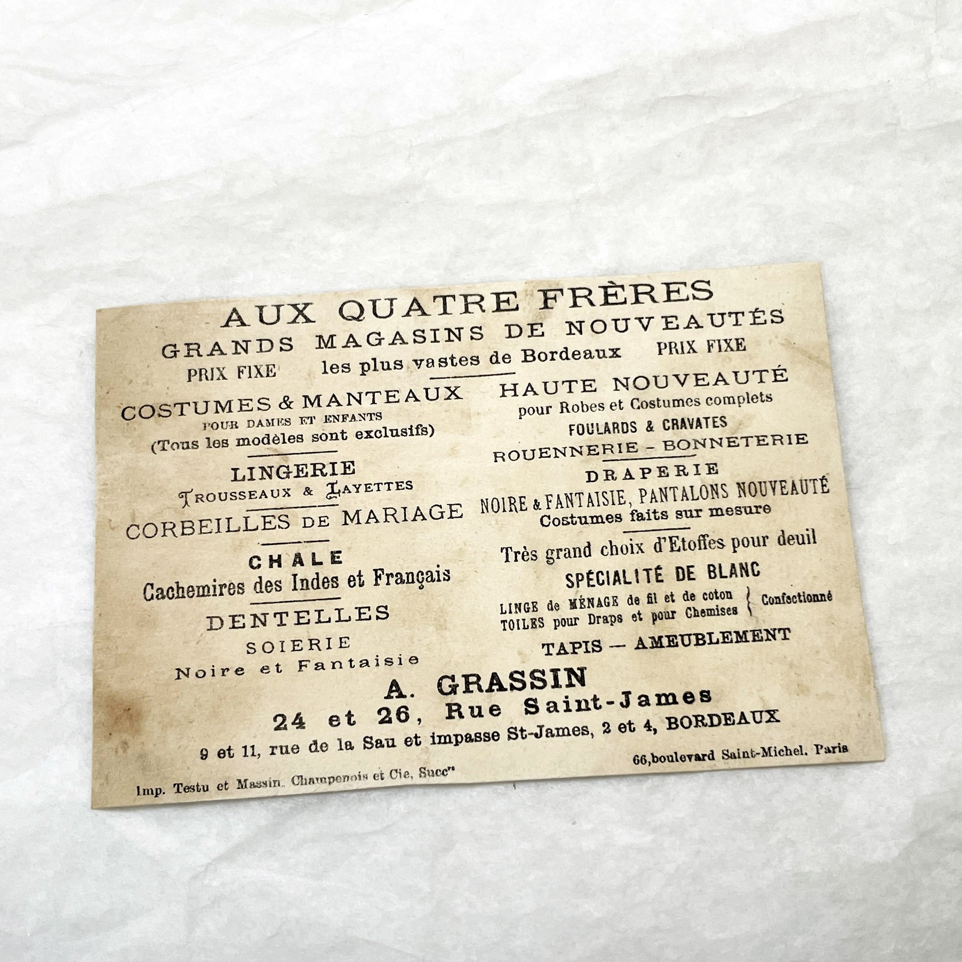 Late 19th - French Advertising Trade Cards - Aux 4 Frères Achille Grassin Bordeaux Department Store Ephemera - Vintage Collectible