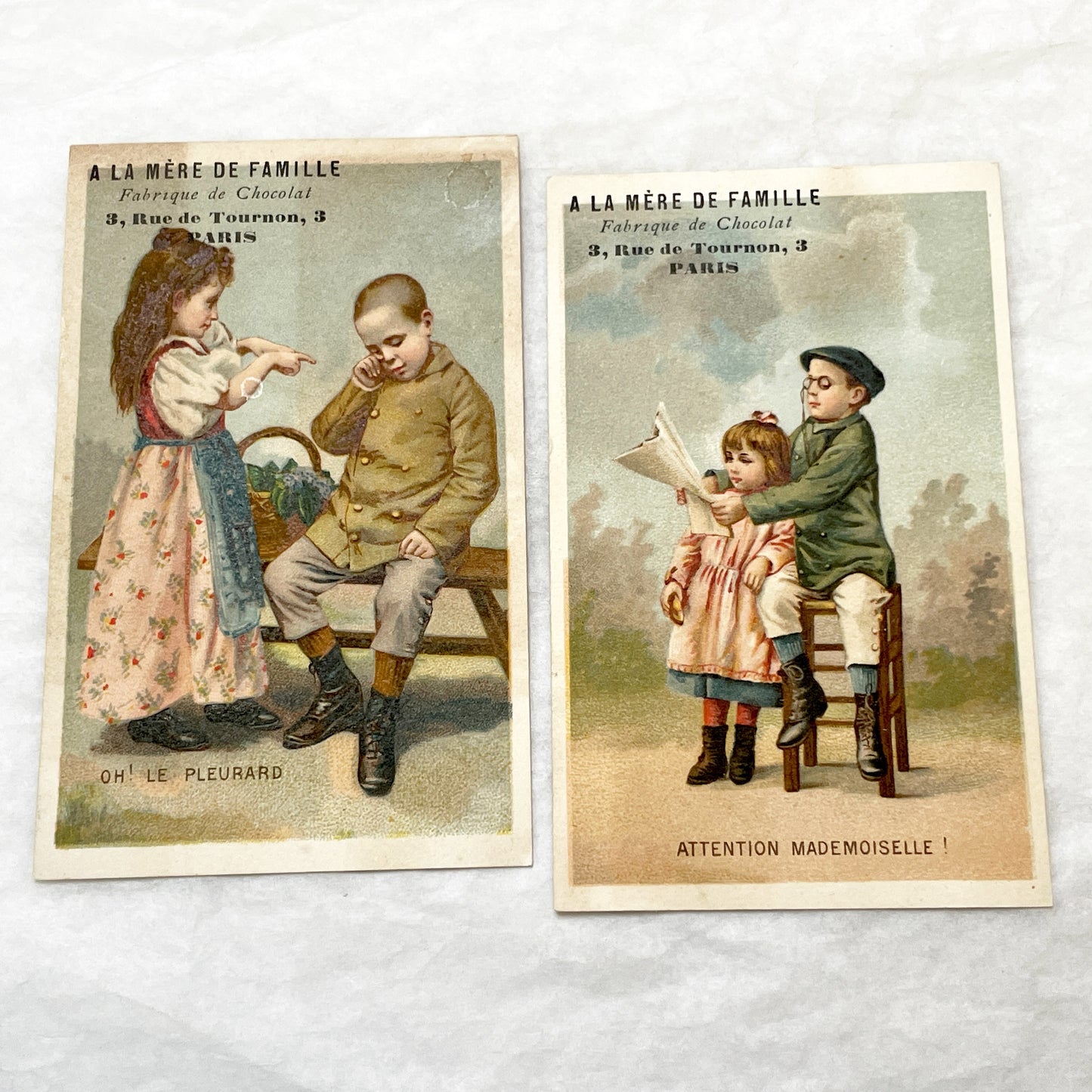Late 19th - 2 Parisian Chocolate Factory Trade Cards - 'A la Mère de Famille' Chromos - Vintage French Ephemera - Collectible Advertising
