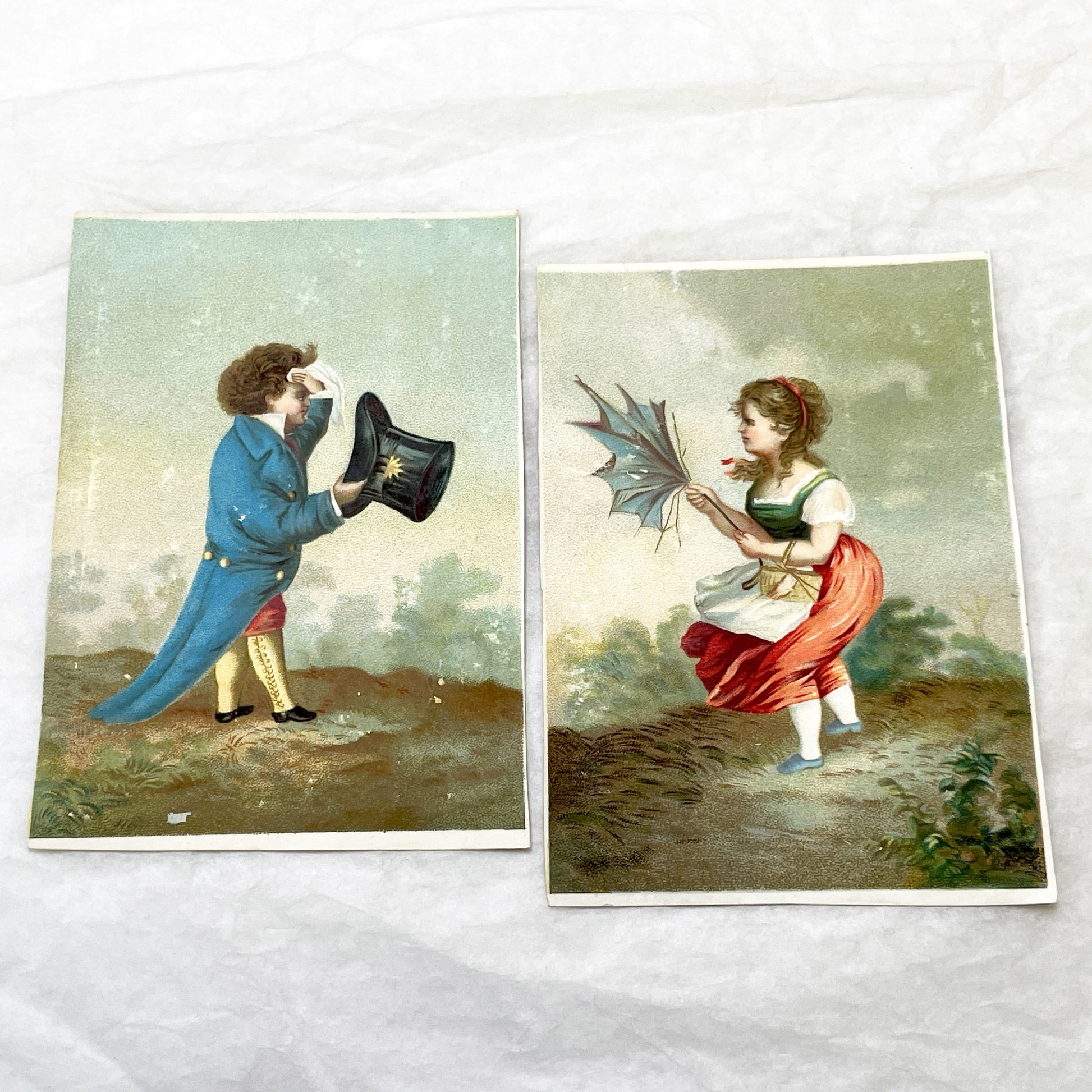 Mid 19th - 2 Large Vintage Chromolithograph Illustrated Cards - Weather Themed Victorian Artwork - Man Wiping Brow - Woman With Umbrella