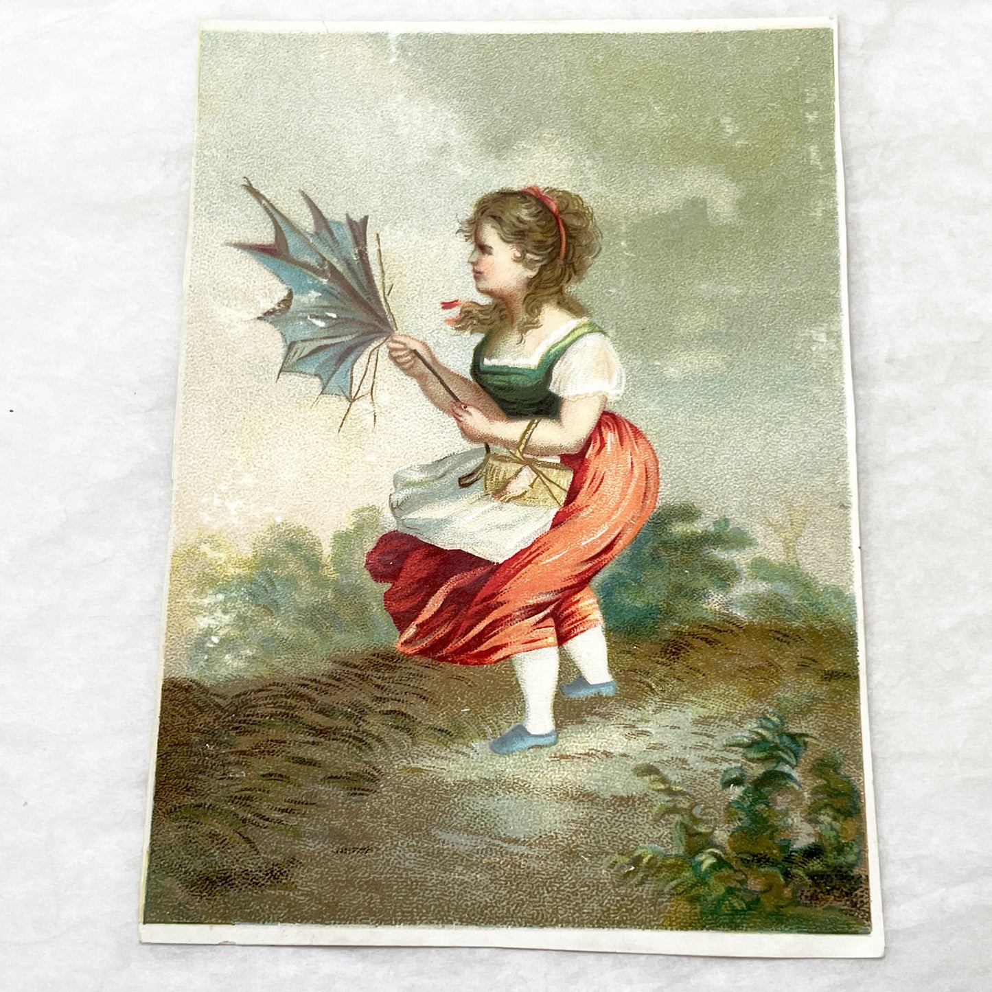 Mid 19th - 2 Large Vintage Chromolithograph Illustrated Cards - Weather Themed Victorian Artwork - Man Wiping Brow - Woman With Umbrella