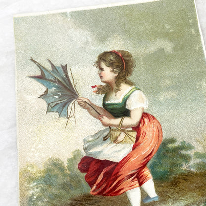 Mid 19th - 2 Large Vintage Chromolithograph Illustrated Cards - Weather Themed Victorian Artwork - Man Wiping Brow - Woman With Umbrella