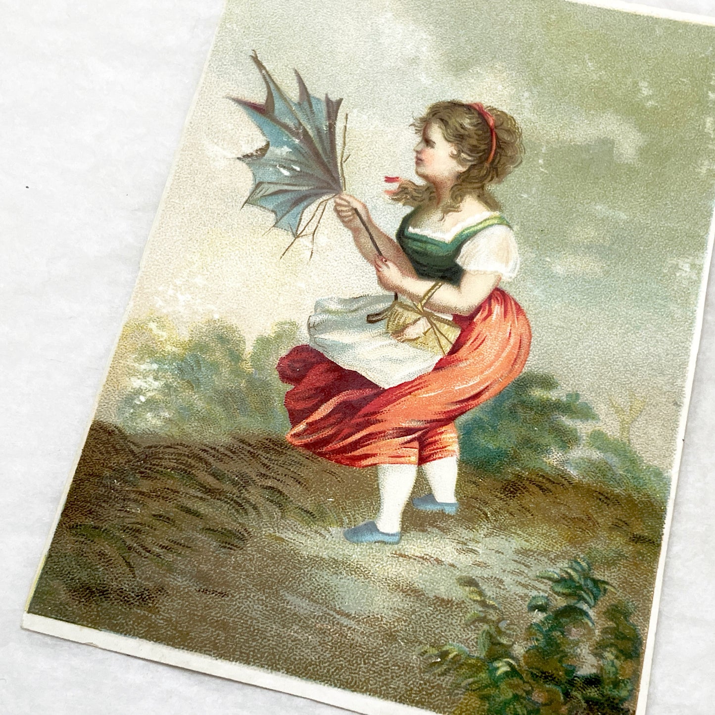 Mid 19th - 2 Large Vintage Chromolithograph Illustrated Cards - Weather Themed Victorian Artwork - Man Wiping Brow - Woman With Umbrella
