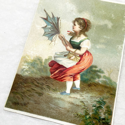 Mid 19th - 2 Large Vintage Chromolithograph Illustrated Cards - Weather Themed Victorian Artwork - Man Wiping Brow - Woman With Umbrella