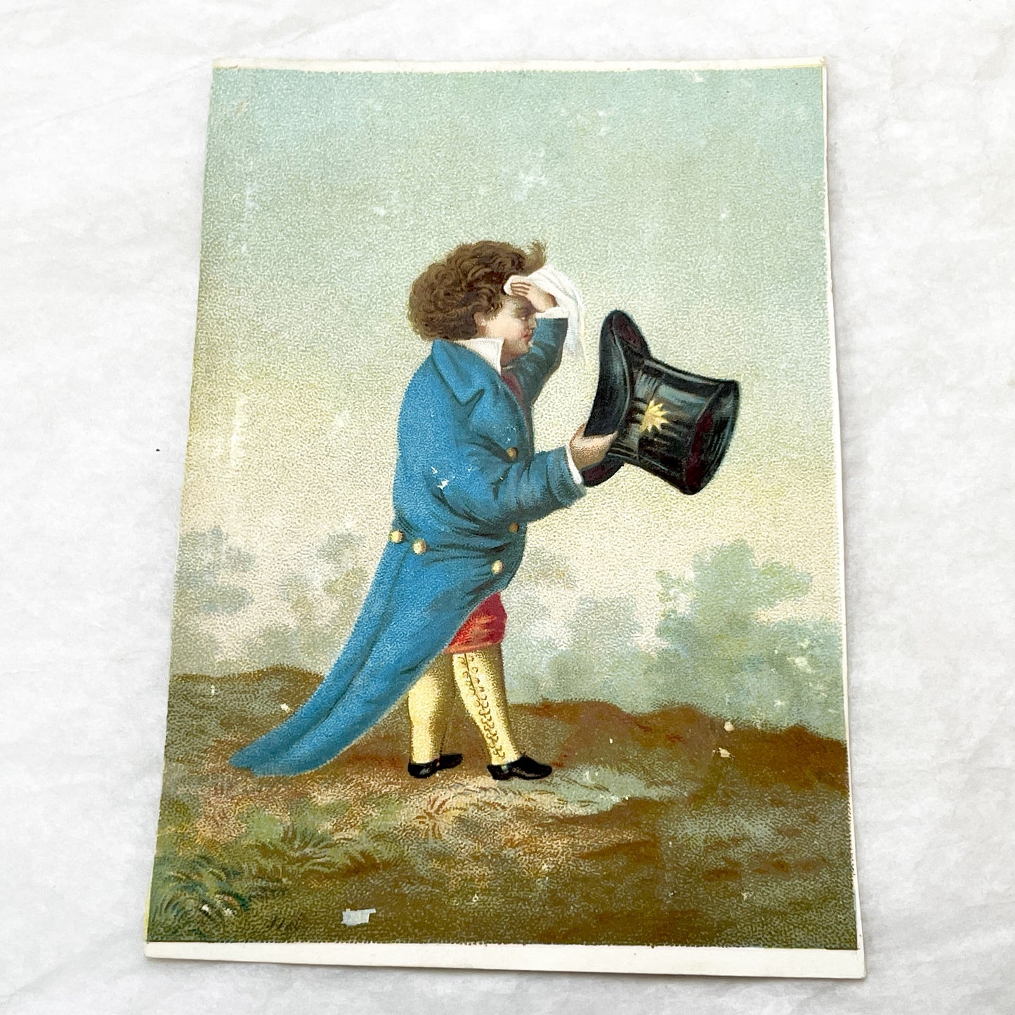 Mid 19th - 2 Large Vintage Chromolithograph Illustrated Cards - Weather Themed Victorian Artwork - Man Wiping Brow - Woman With Umbrella