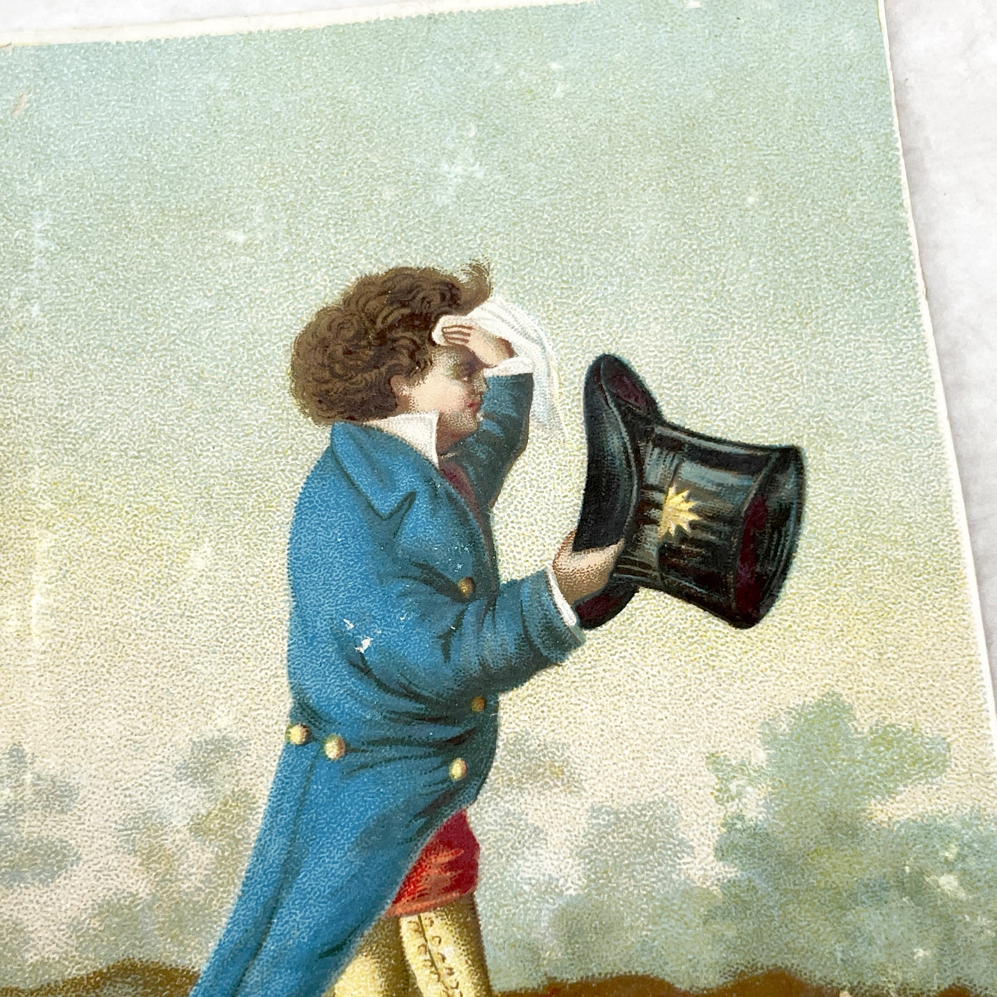 Mid 19th - 2 Large Vintage Chromolithograph Illustrated Cards - Weather Themed Victorian Artwork - Man Wiping Brow - Woman With Umbrella