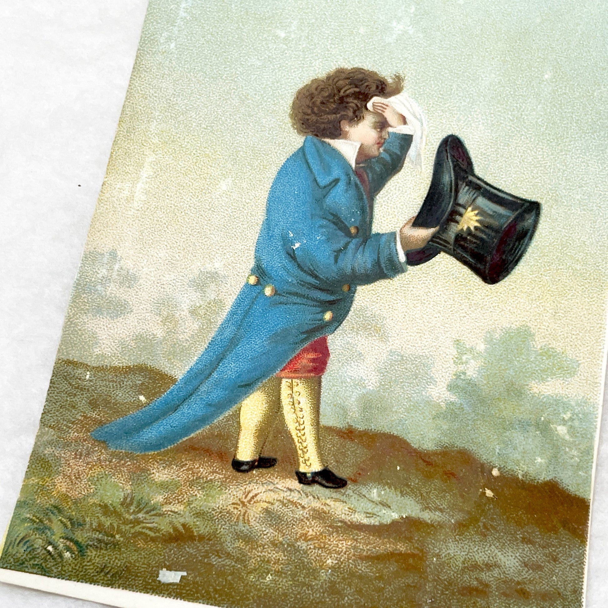 Mid 19th - 2 Large Vintage Chromolithograph Illustrated Cards - Weather Themed Victorian Artwork - Man Wiping Brow - Woman With Umbrella