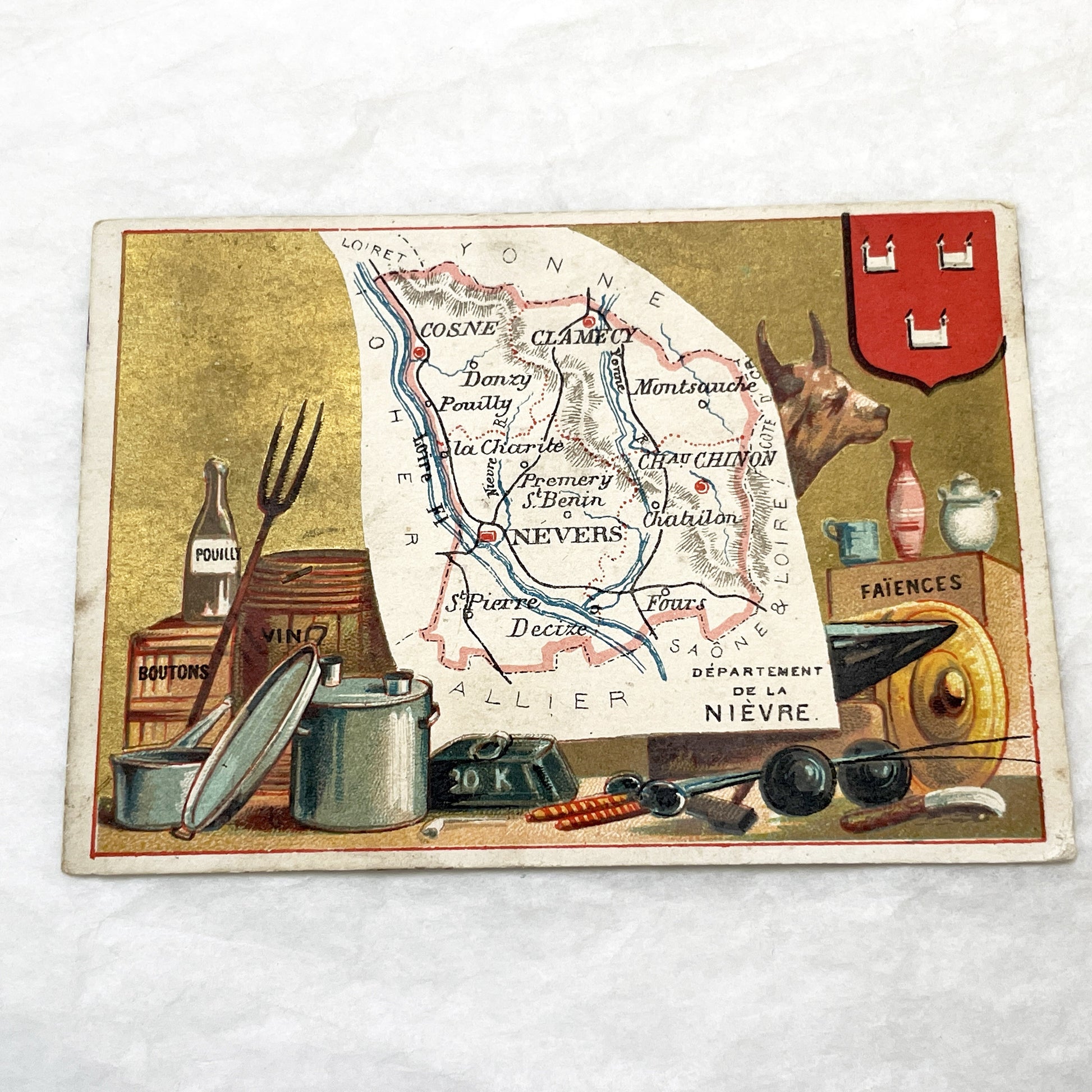 Late 19th - French Advertising Trade Card - Nièvre Map - Fil Géographique Thread - Regional Products - Nevers - Pouilly - Collectible Art