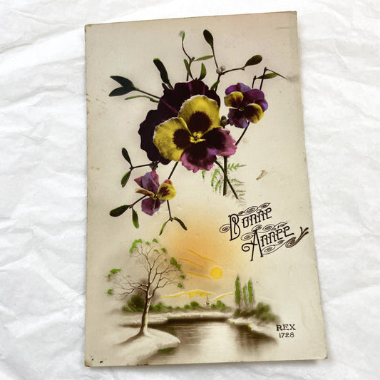 1920s - Vintage French New Year Postcard - Pansies Mistletoe Winter Landscape - Antique 'Bonne Annee' Greeting Card Collectible