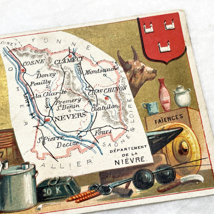 Late 19th - French Advertising Trade Card - Nièvre Map - Fil Géographique Thread - Regional Products - Nevers - Pouilly - Collectible Art