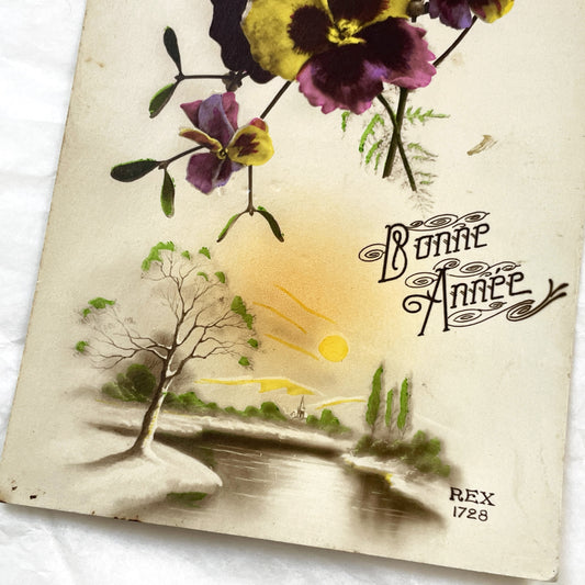 1920s - Vintage French New Year Postcard - Pansies Mistletoe Winter Landscape - Antique 'Bonne Annee' Greeting Card Collectible