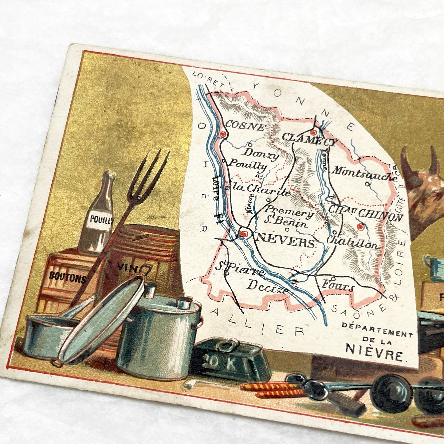 Late 19th - French Advertising Trade Card - Nièvre Map - Fil Géographique Thread - Regional Products - Nevers - Pouilly - Collectible Art