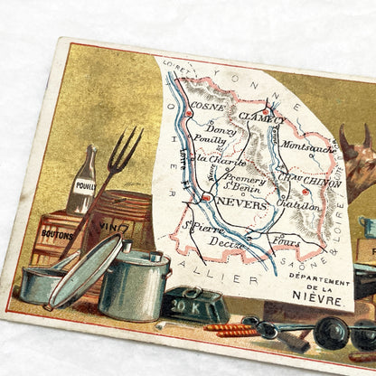 Late 19th - French Advertising Trade Card - Nièvre Map - Fil Géographique Thread - Regional Products - Nevers - Pouilly - Collectible Art