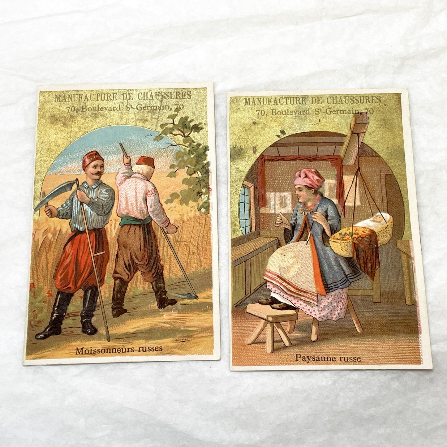 Late 19th - 2 French Shoe Advertisement Cards - Russian Life Scenes - Spira Paris - Collectible Trade Card Set - Vintage Ephemera