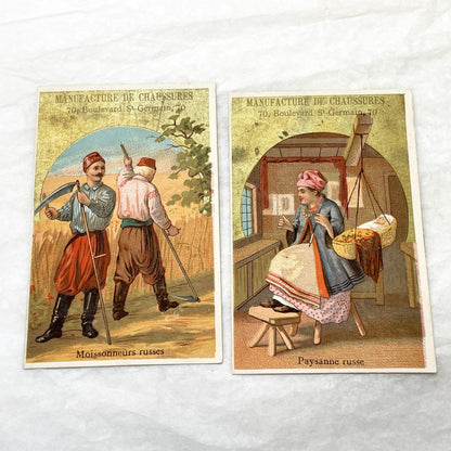Late 19th - 2 French Shoe Advertisement Cards - Russian Life Scenes - Spira Paris - Collectible Trade Card Set - Vintage Ephemera