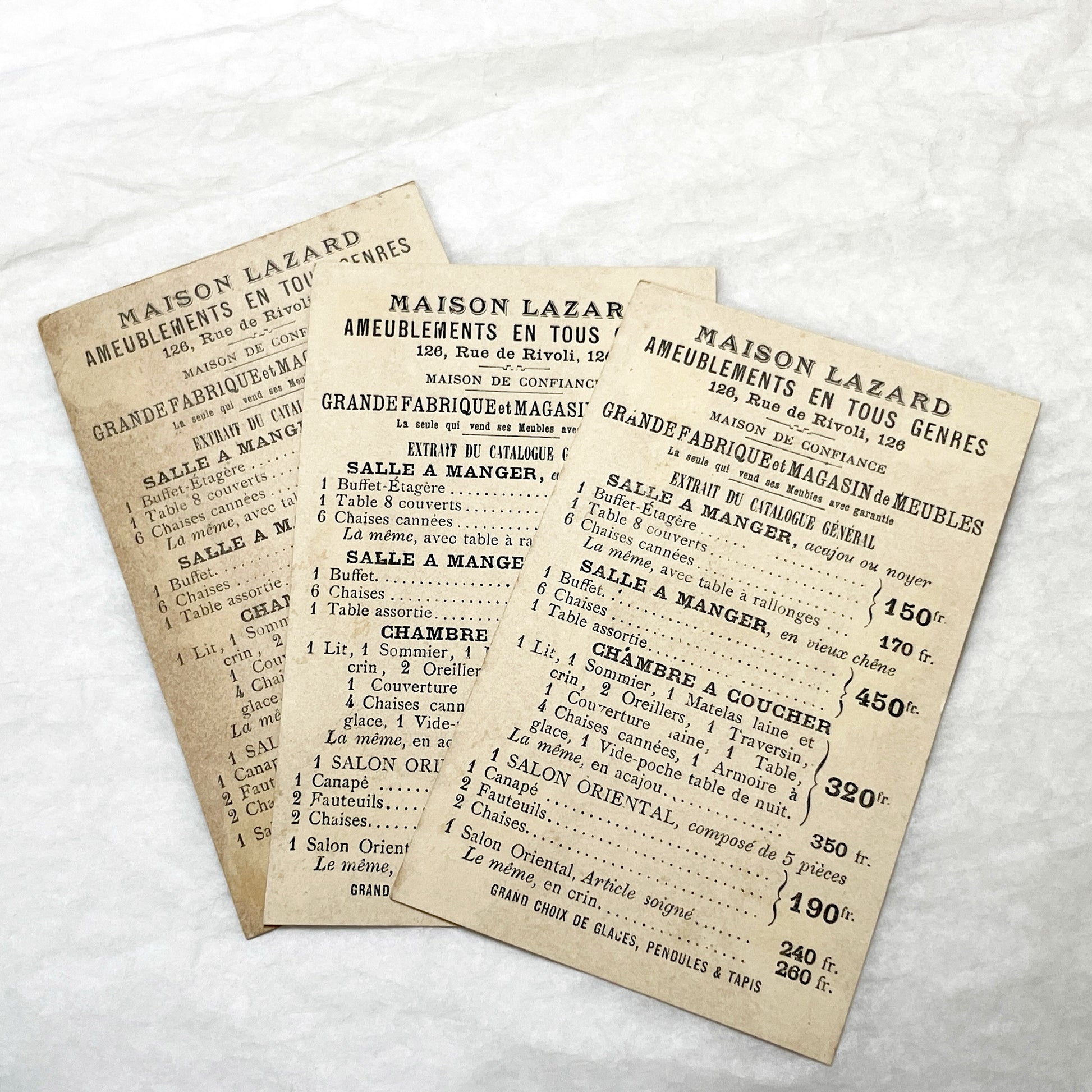 Late 19th - 3 French Ephemera Lot - Vintage Advertising Cards & Furniture Catalog Excerpts - H. Sicard Chromos - Maison Lazard Paris
