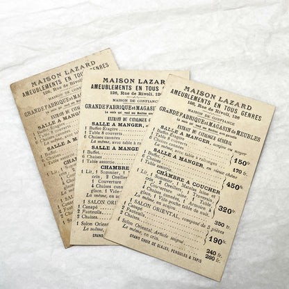 Late 19th - 3 French Ephemera Lot - Vintage Advertising Cards & Furniture Catalog Excerpts - H. Sicard Chromos - Maison Lazard Paris