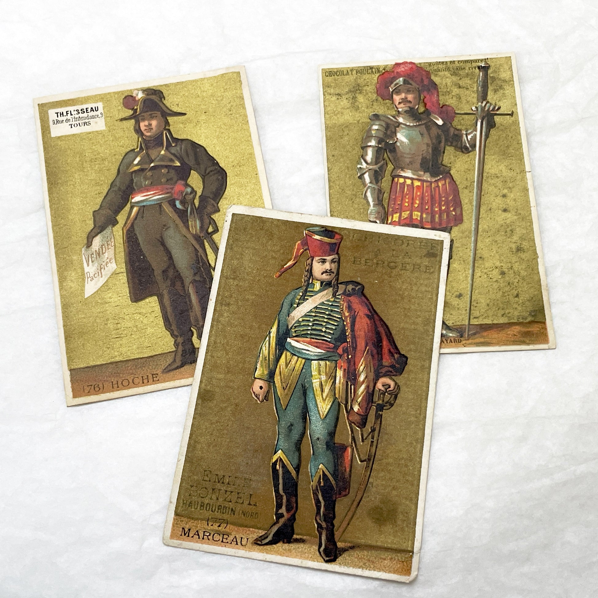 Late 19th - 3 French Historical Military Figures Trade Cards - Collectible Chromos - Chocolat Poulain - Chicorée La Bergère - Adverts