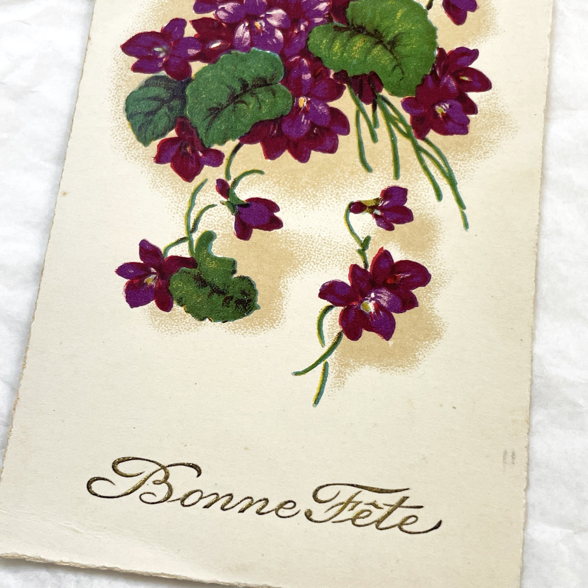 1940s - Vintage French Bonne Fête Postcard - Vibrant Purple Violets Floral Bouquet - Antique Greeting Card - Collectible Ephemera Gift