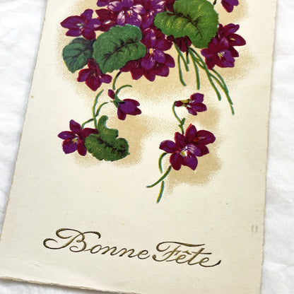 1940s - Vintage French Bonne Fête Postcard - Vibrant Purple Violets Floral Bouquet - Antique Greeting Card - Collectible Ephemera Gift