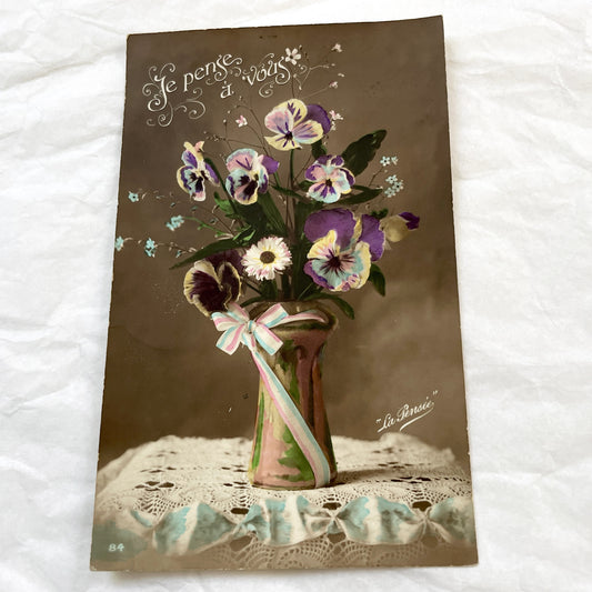 1910s - Vintage French Postcard - Hand Tinted Pansy Bouquet Vase Lace - Romantic Floral Art Deco Era Ephemera - Collectible Memorabilia