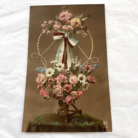 1910s - Antique French Bonne Fete Postcard - Hand-Colored Floral Bouquet - Vintage Ephemera Collectible Paper Art - Rustic Basket Design