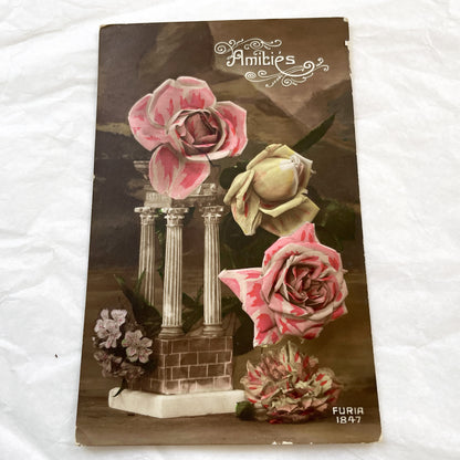 1910s - Vintage French Friendship Postcard - Floral Rose Design - Classical Columns - Furia 1847 Art - Antique Ephemera - Collectible Card