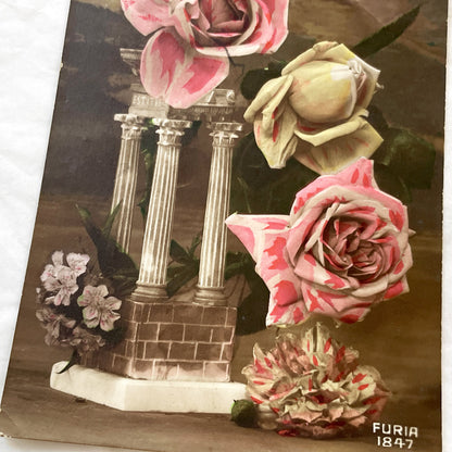 1910s - Vintage French Friendship Postcard - Floral Rose Design - Classical Columns - Furia 1847 Art - Antique Ephemera - Collectible Card