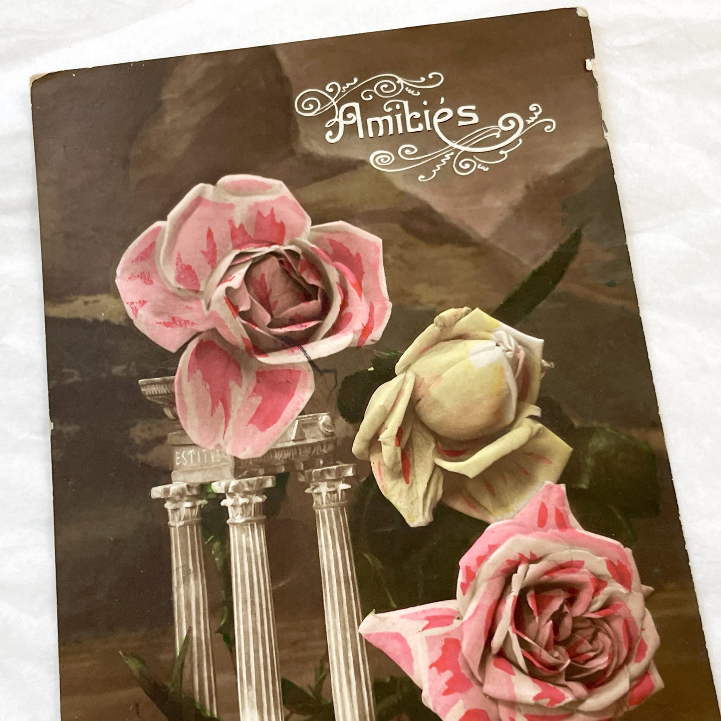 1910s - Vintage French Friendship Postcard - Floral Rose Design - Classical Columns - Furia 1847 Art - Antique Ephemera - Collectible Card