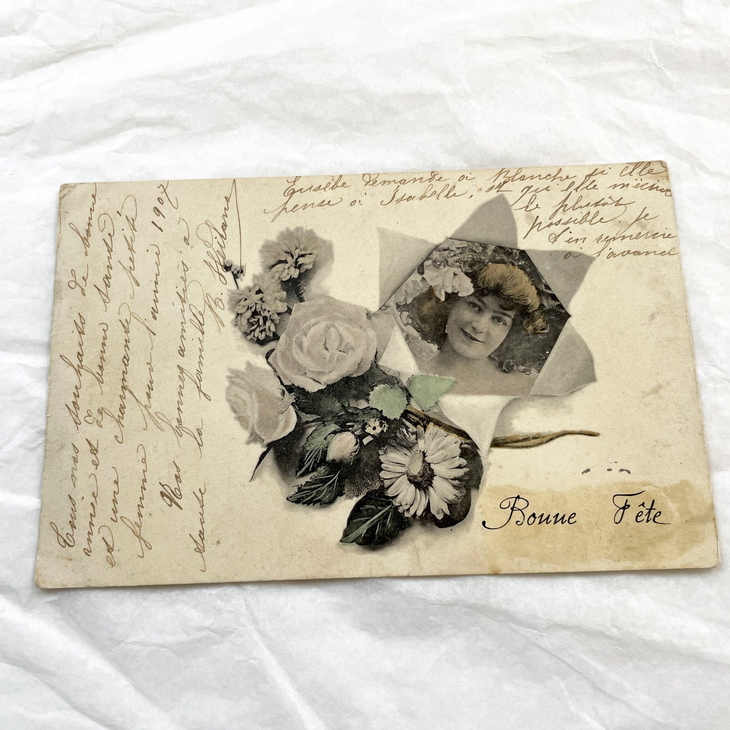 1900s - Vintage French Postcard - Holiday Greeting - Belle Époque Smiling Woman Portrait - Floral Design - Handwritten Note