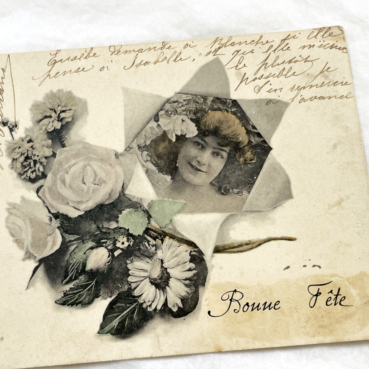 1900s - Vintage French Postcard - Holiday Greeting - Belle Époque Smiling Woman Portrait - Floral Design - Handwritten Note