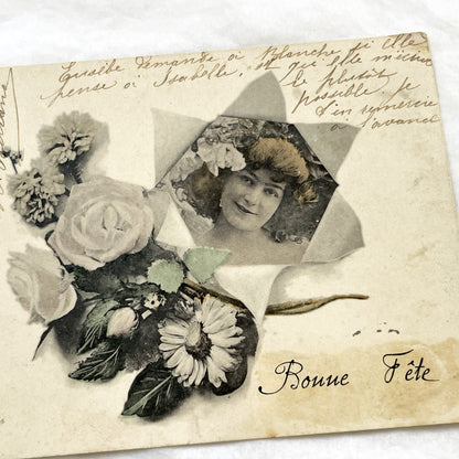 1900s - Vintage French Postcard - Holiday Greeting - Belle Époque Smiling Woman Portrait - Floral Design - Handwritten Note