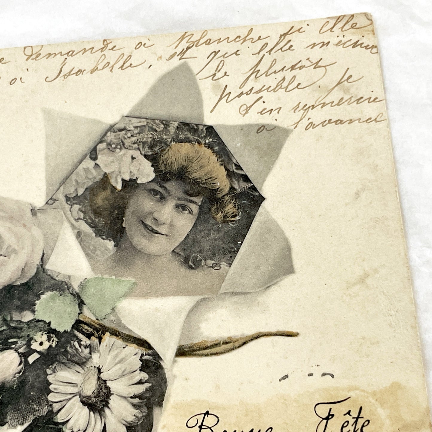 1900s - Vintage French Postcard - Holiday Greeting - Belle Époque Smiling Woman Portrait - Floral Design - Handwritten Note