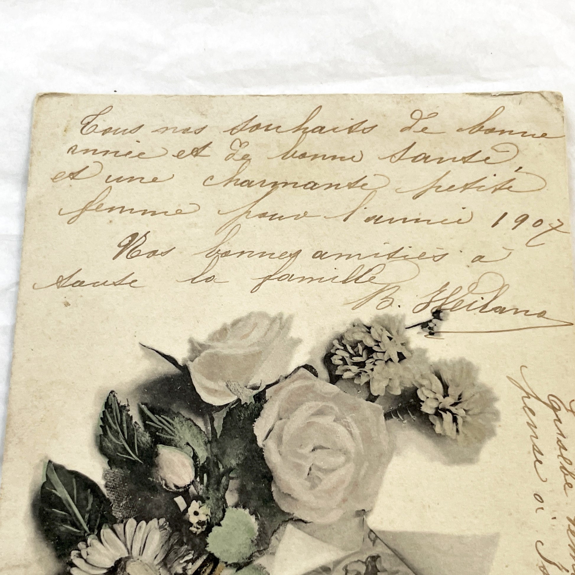1900s - Vintage French Postcard - Holiday Greeting - Belle Époque Smiling Woman Portrait - Floral Design - Handwritten Note