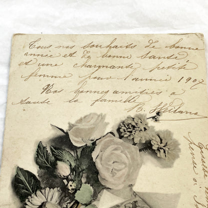 1900s - Vintage French Postcard - Holiday Greeting - Belle Époque Smiling Woman Portrait - Floral Design - Handwritten Note