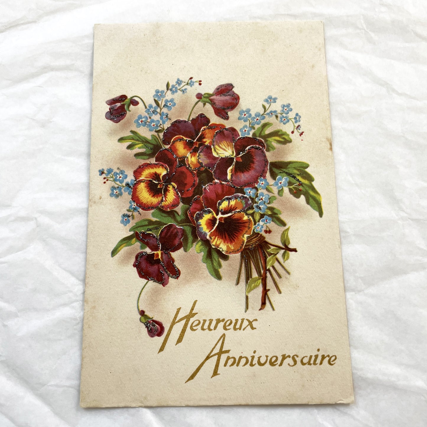 1950s - French Anniversary Postcard - Shimmering Pansy Bouquet - Forget-Me-Nots - Antique Floral Glitter Art - 'Heureux Anniversaire' Card