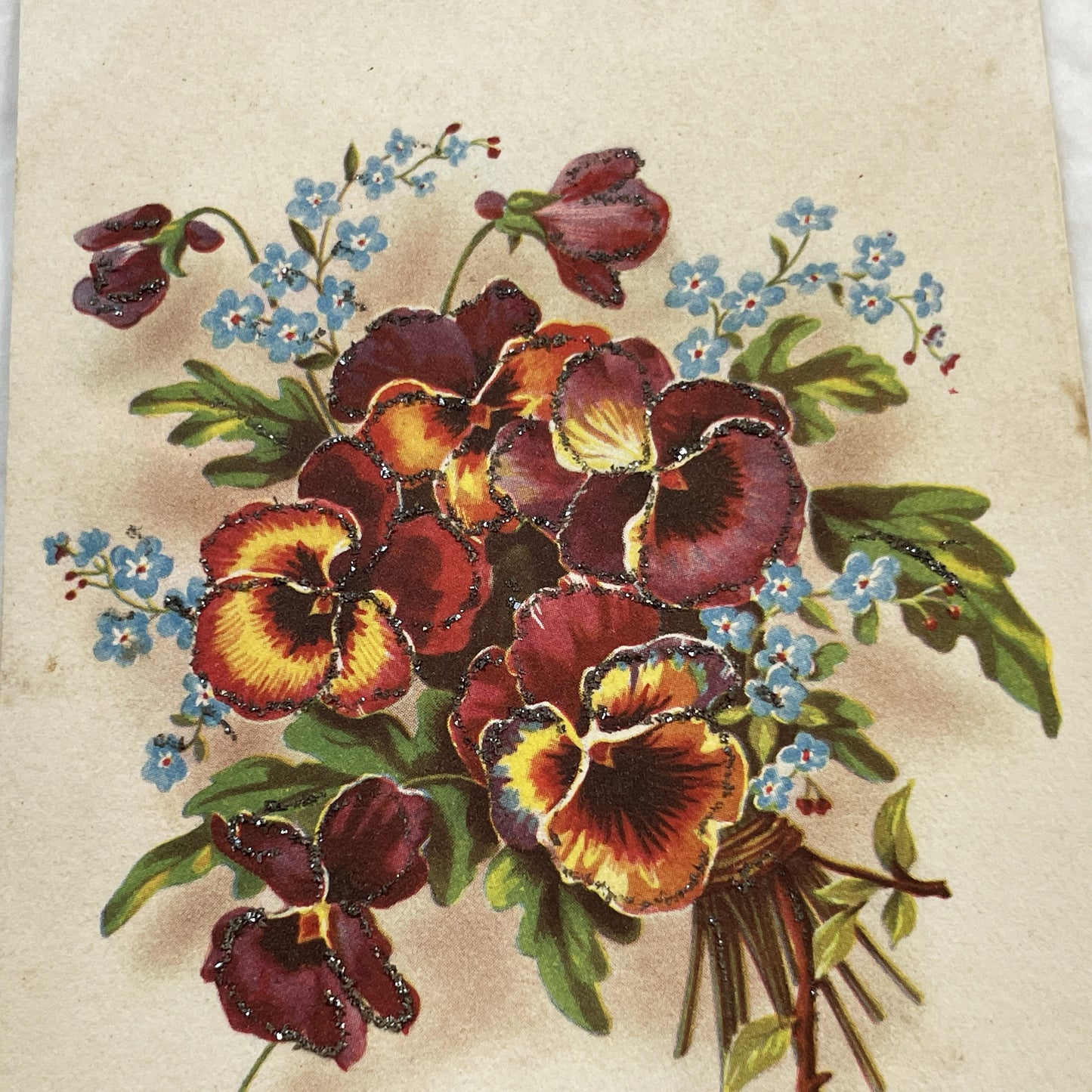 1950s - French Anniversary Postcard - Shimmering Pansy Bouquet - Forget-Me-Nots - Antique Floral Glitter Art - 'Heureux Anniversaire' Card